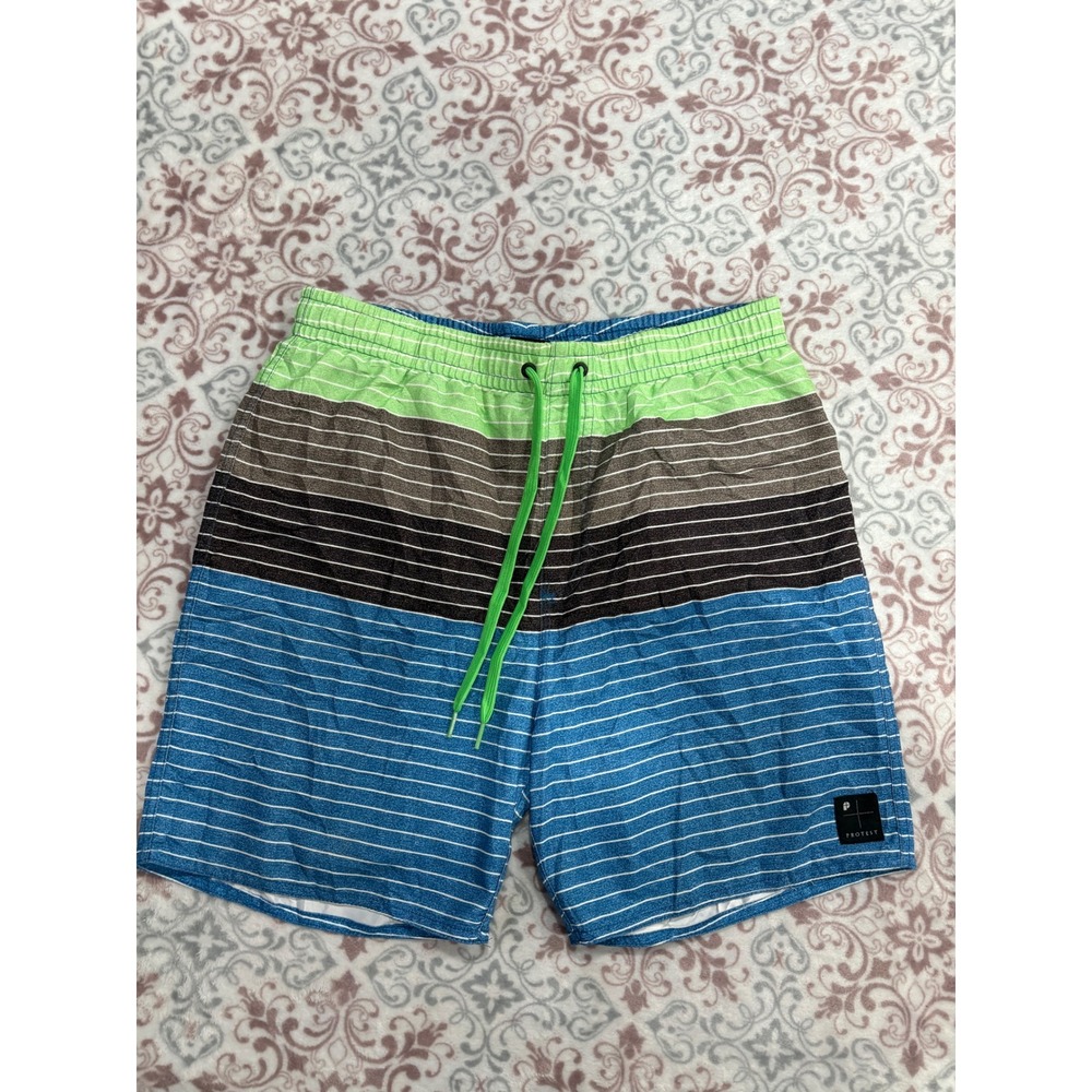 Protest Mens Striped Board Shorts Blue Green Brown Swim Trunks Size Medium
